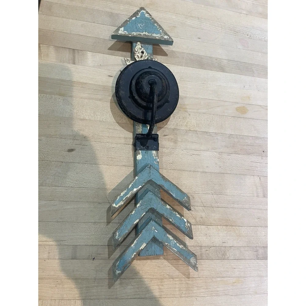 Folk Art Wood Arrow Shaped Candle Sconce Metal Flower Motif & Folding Cup 15.5